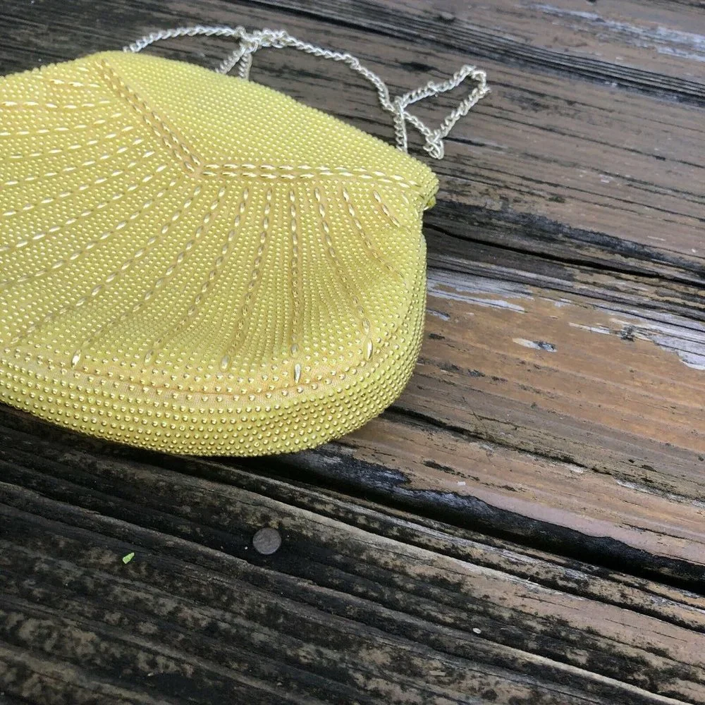 Yellow Gold Corde Art Deco Beaded Purse Evening Bag Vintage 50s 60s Hong Kong